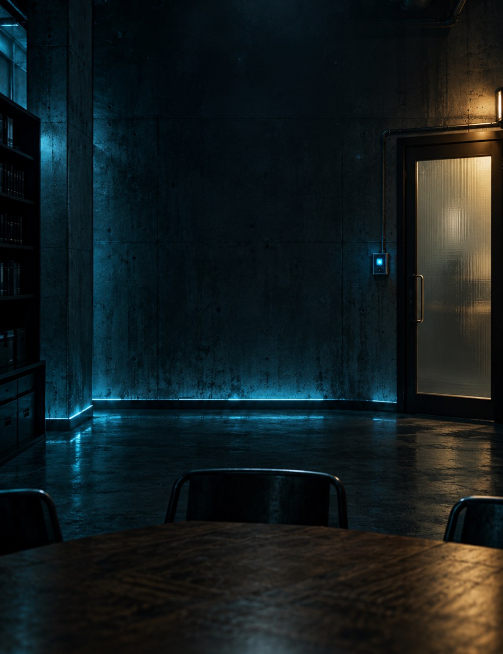 A dark university basement with an oak table, steel chairs, and cold blue emergency lighting.